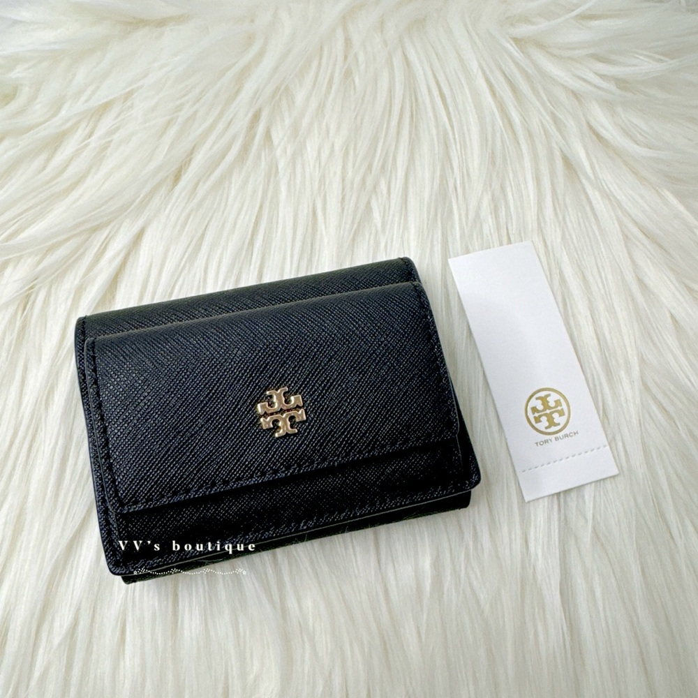 NWT Tory Burch Emerson Micro Trifold Wallet Saffiano Leather Black Gold 71626